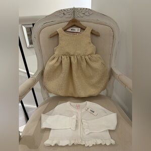 🦢 12~18 Mth Gold Baby Dress with White Knit Cardigan NWT